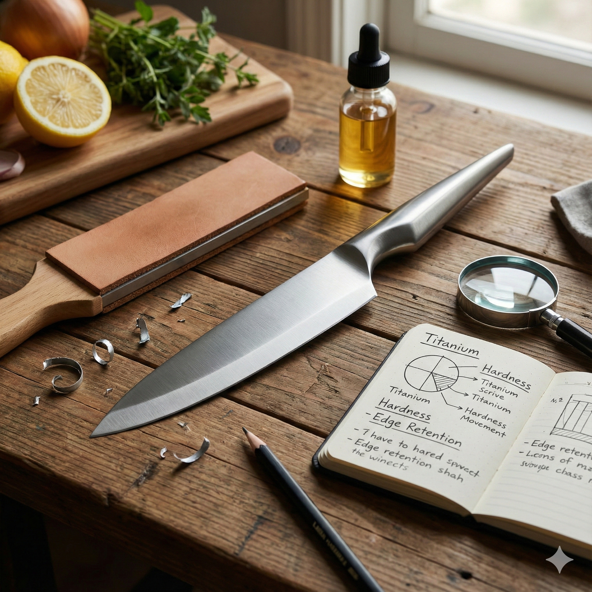 这个是文章标题请根据这个标题配一张blog主图 主图中出现上传的刀刀图片 Tool Notes: Everything You Need to Know About Titanium Kitchen Knives