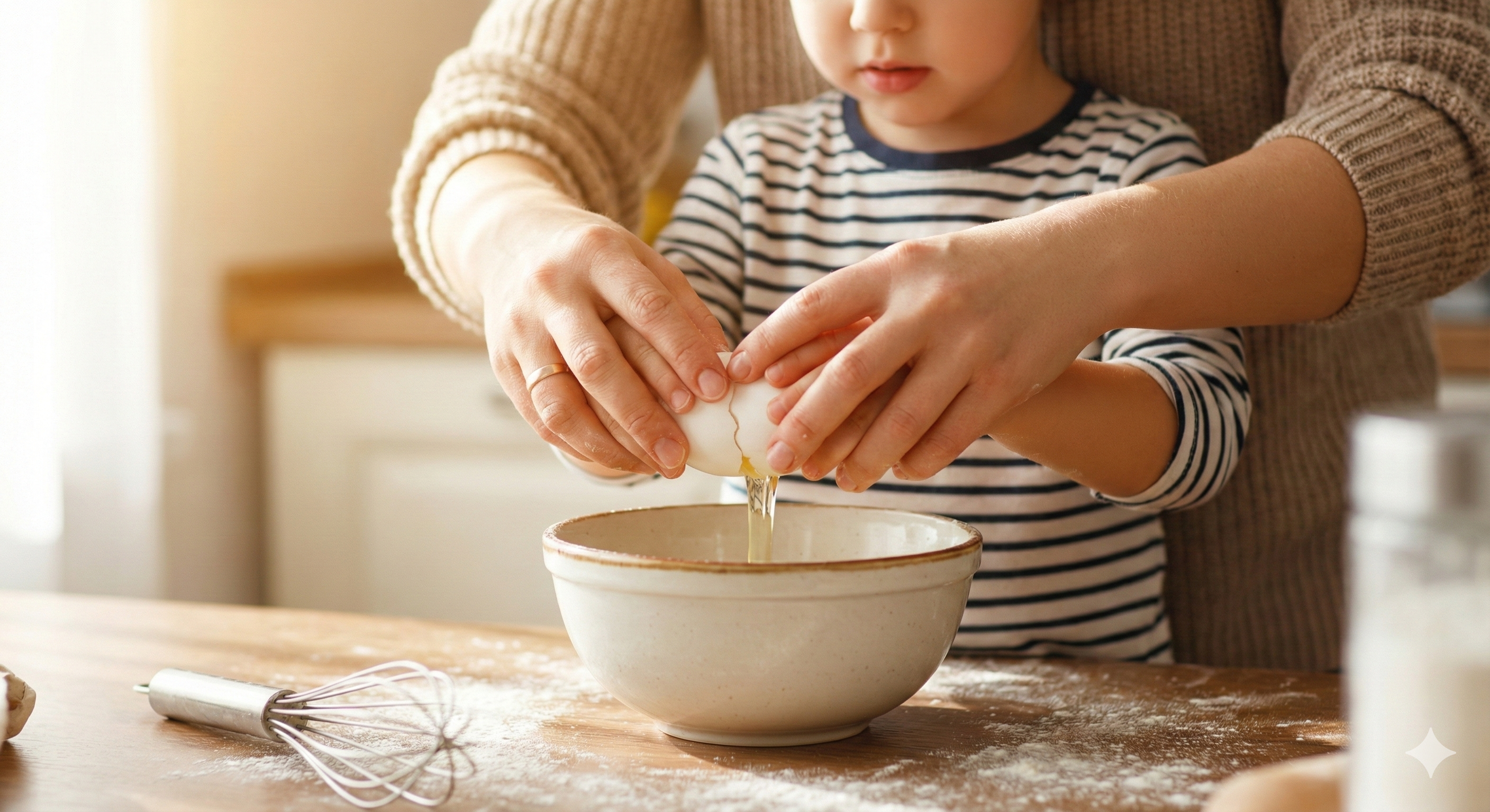 Parent's hands gently guiding child's hands while cracking eggs in morning kitchen—teaching cooking and building trust