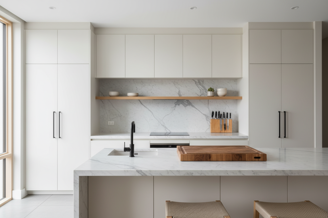Designed to complement light cabinetry, stone countertops, and warm wood surfaces for a calm, modern kitchen aesthetic.