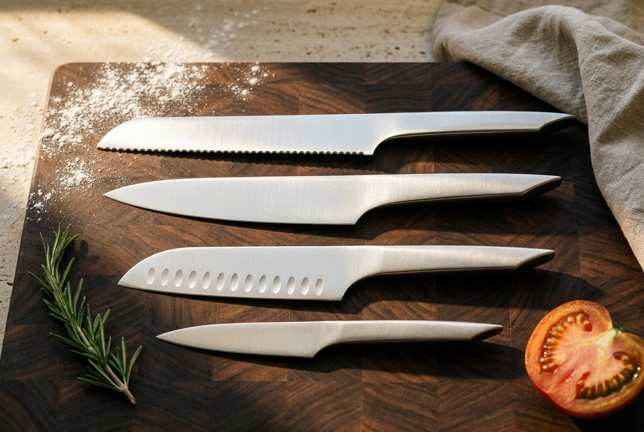 Featured Steady · four-knife family · walnut backdrop