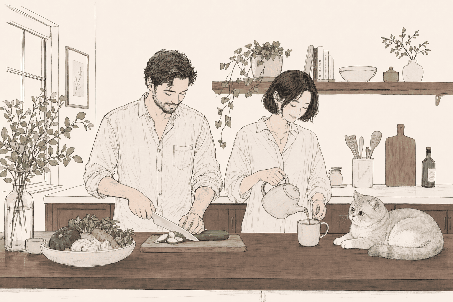 Ethan, Mia, and Jimbo at the kitchen counter · sketched by Mia, 2026