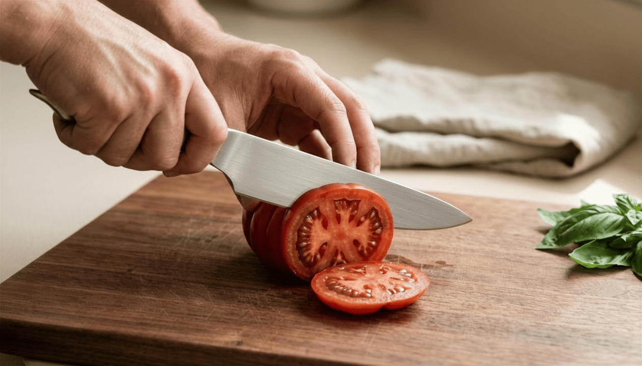 Food chemistry · ripe tomato on walnut · photographed by Mia, 2026