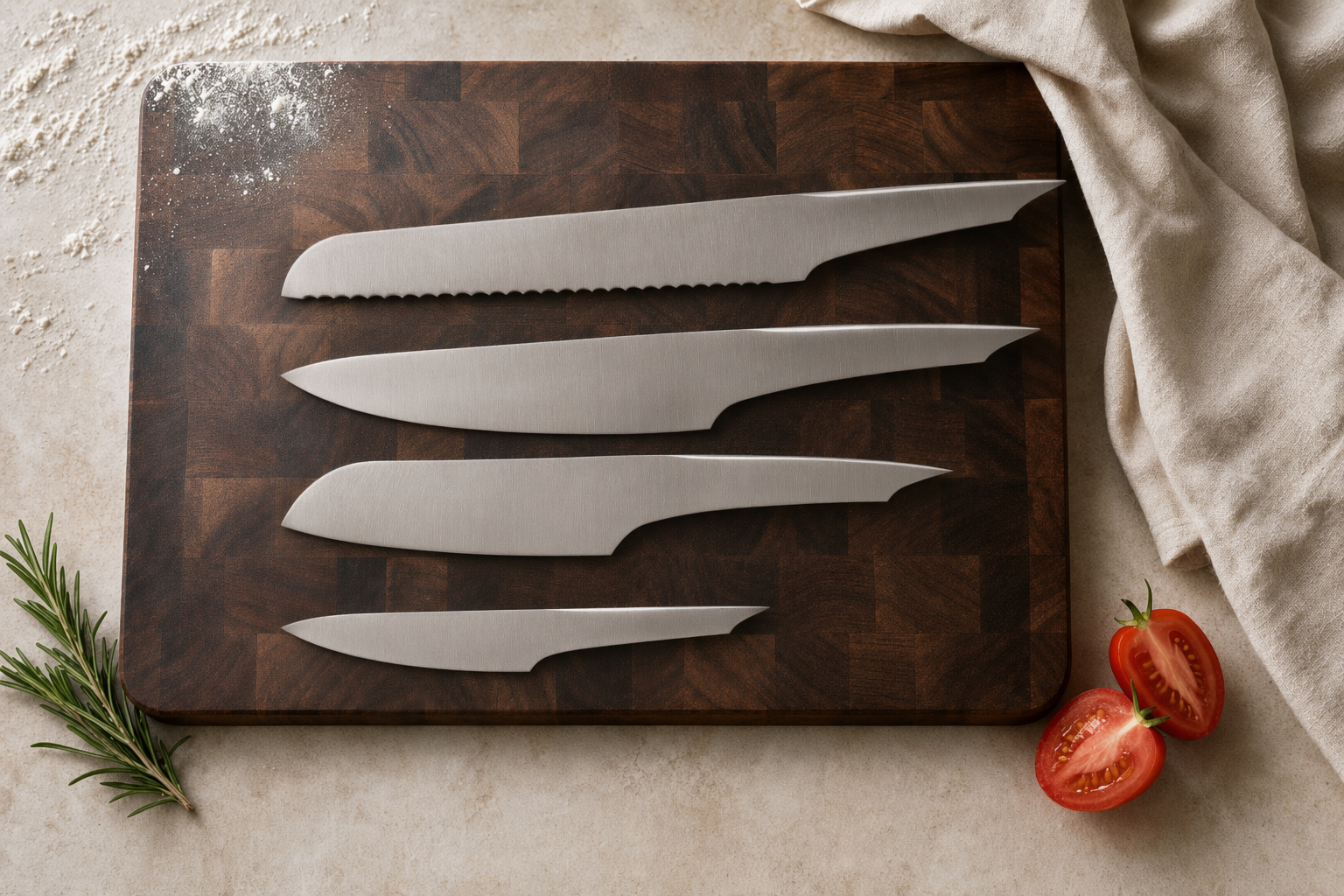 Launch family · bread · chef · santoku · paring · on walnut, all four fully shown