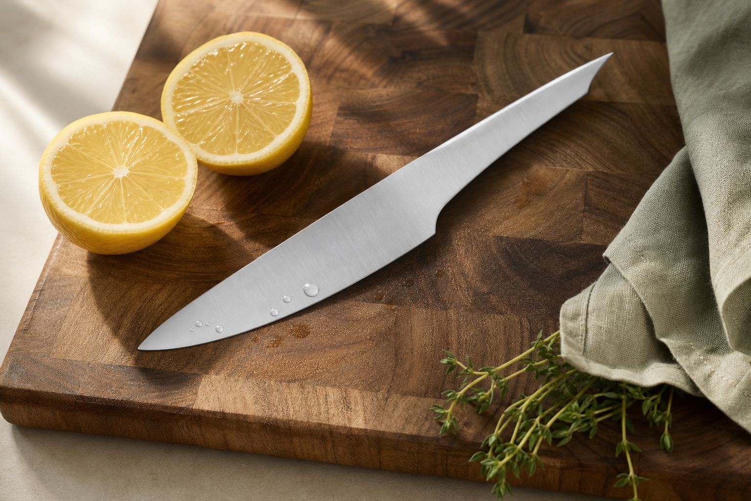 Lemon test in real time · halved lemon and brushed titanium blade on walnut, juice beading without staining